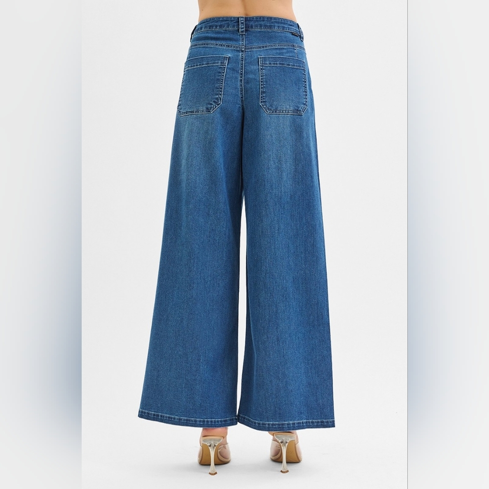 RISEN Palazzo Baggy Mid-Rise Pleated Ultra Wide Oversized Leg Jeans Denim Pants - Picture 11 of 16